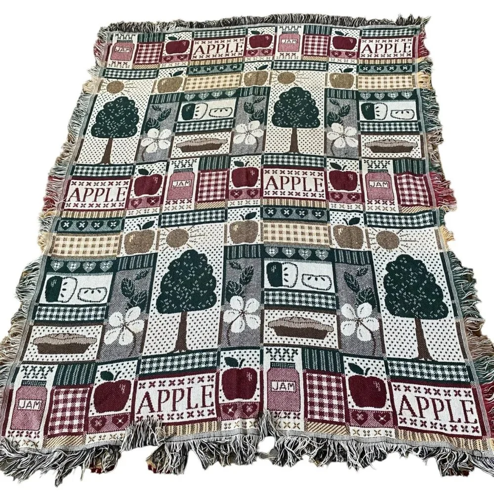 Vintage apple jacquard fringed throw blanket pie‎ jam acrylic reversible 61x47